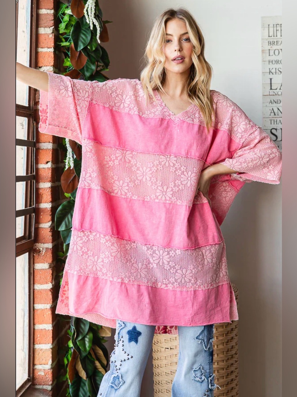 Pink Floral Lace Panel Boho Tunic top by Oli & Hali